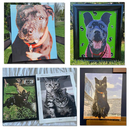 Finished personalised dog and cat paint by numbers portraits from pet photos