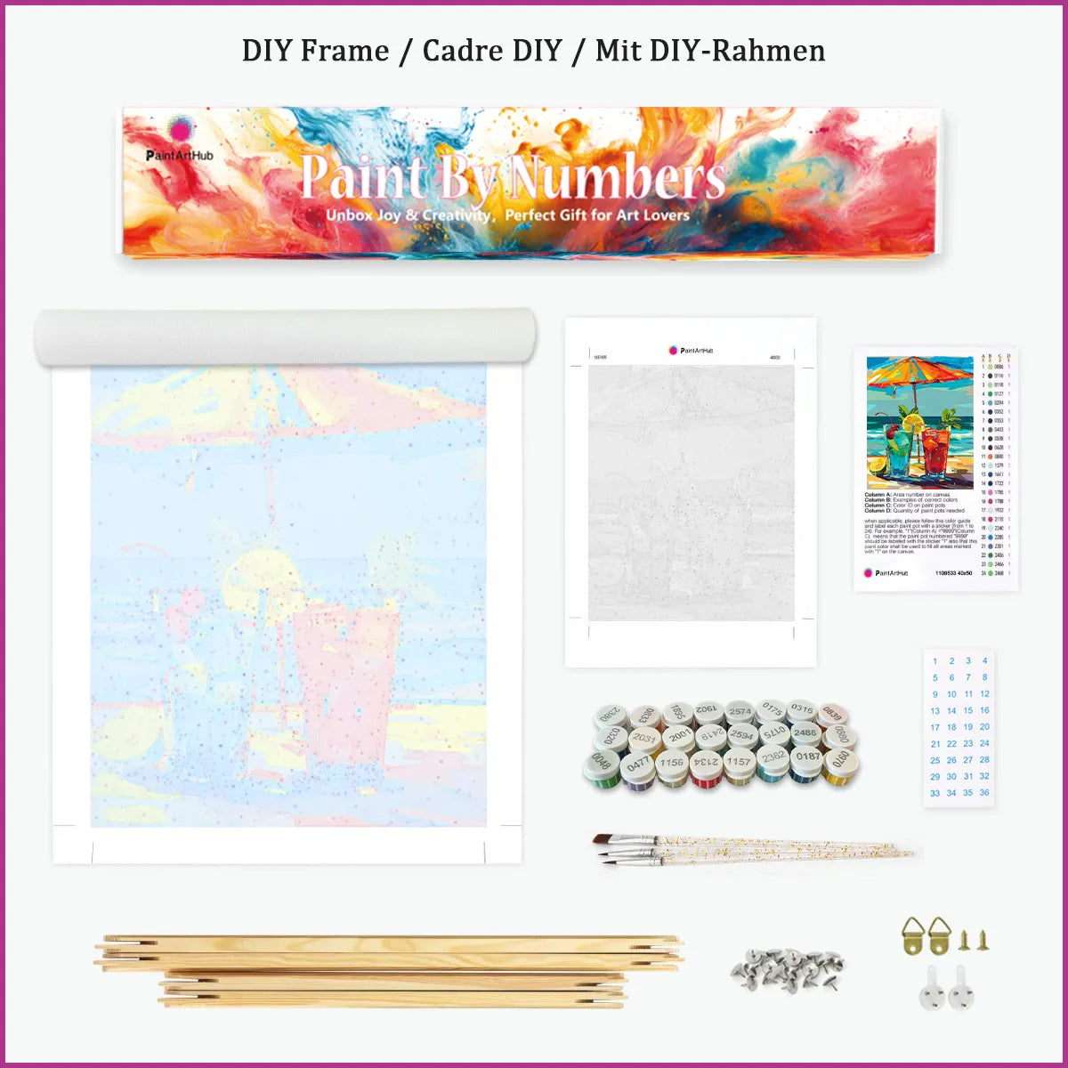 DIY frame paint by numbers kit with canvas, paints, brushes and wooden frame pieces
