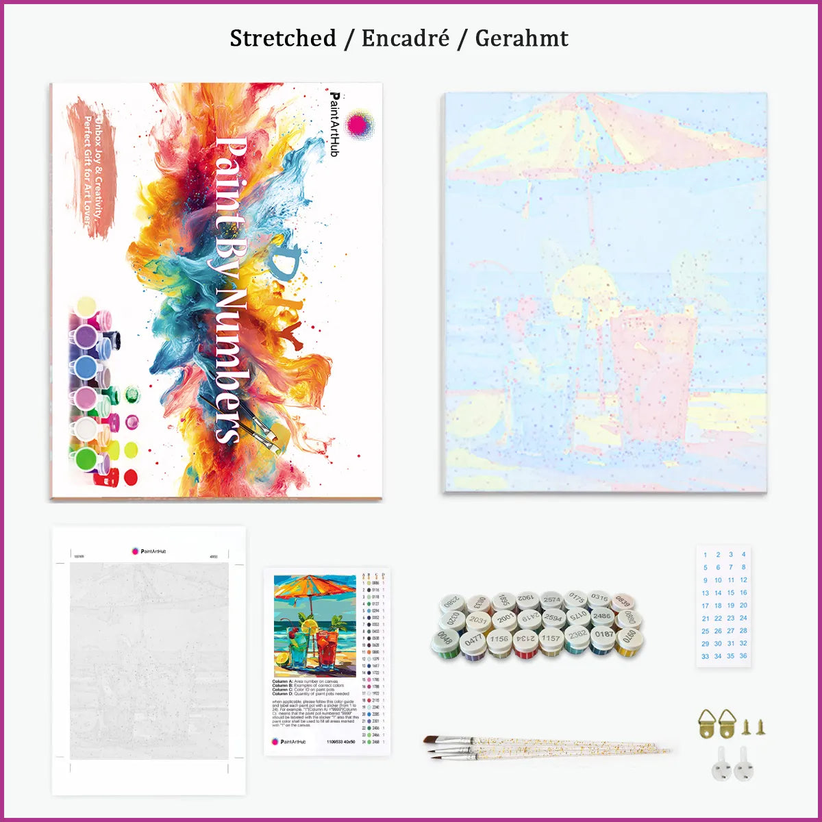Paint by numbers kit with numbered canvas, acrylic paints, brushes and reference sheet