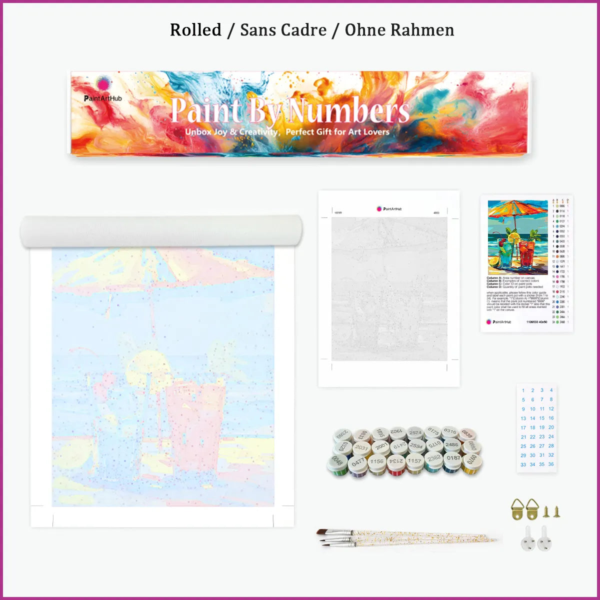 Rolled canvas paint by numbers kit with numbered canvas, acrylic paints and brushes