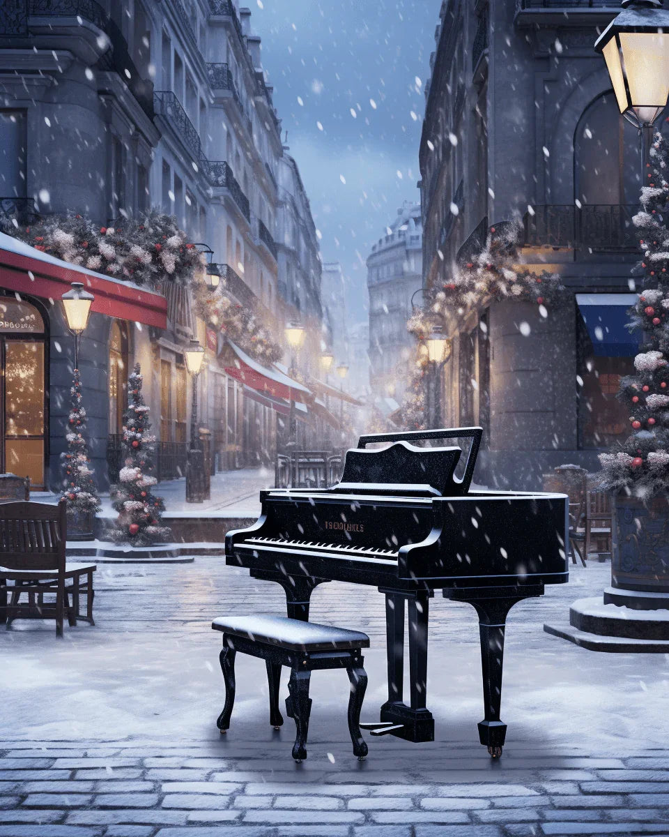 Piano dans une rue enneigée – peinture par numéros pour adultes