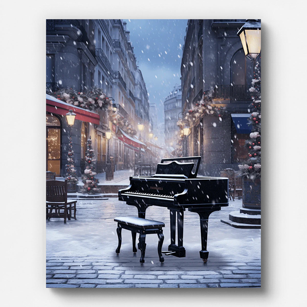 Piano dans une rue enneigée – peinture par numéros sur toile tendue