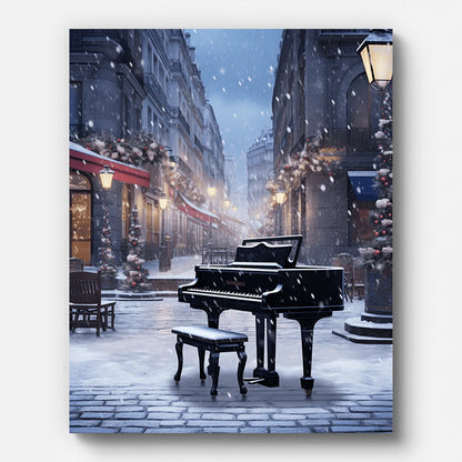 Piano dans une rue enneigée – peinture par numéros sur toile tendue