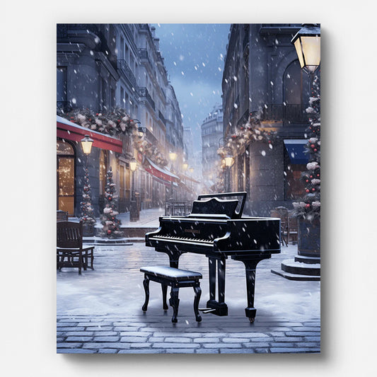 Piano on a Winter Street Paint by Numbers shown on a stretched canvas