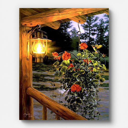 Porch Lantern and Hummingbirds Paint by Numbers shown on a stretched canvas