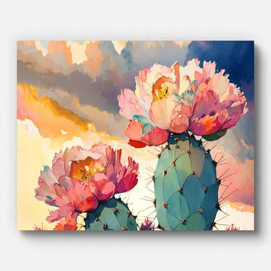 Prickly Pear Cactus Flowers at Sunset Paint by Numbers shown on a stretched canvas
