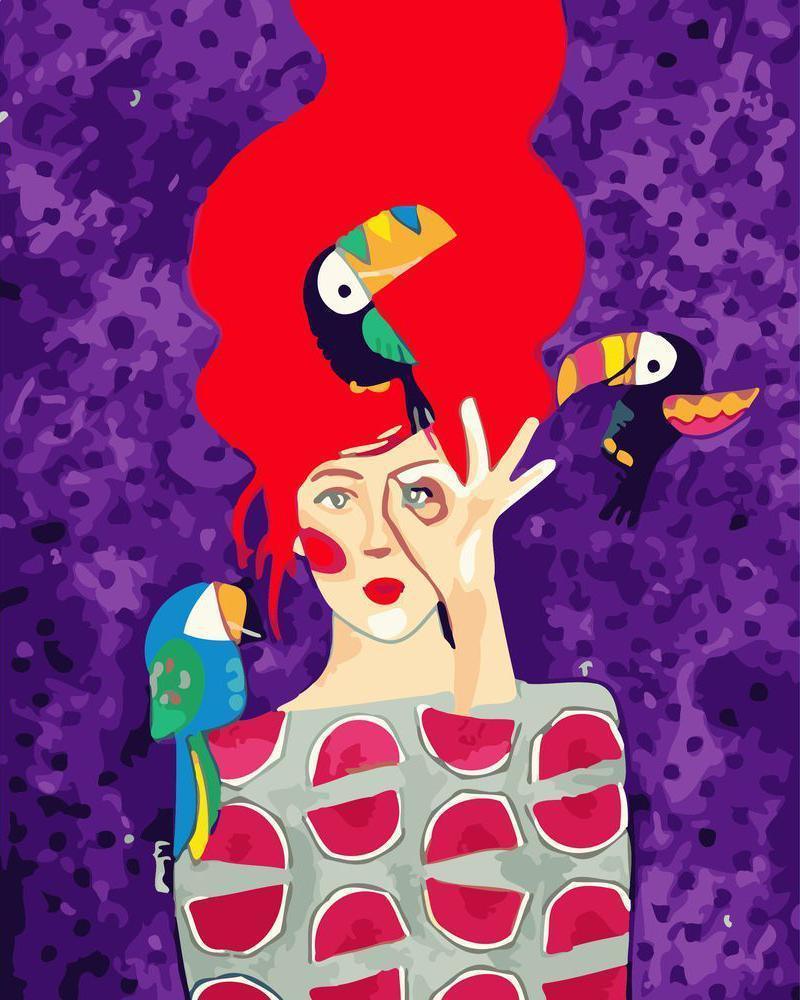 Femme rousse et toucans – peinture par numéros pour adultes