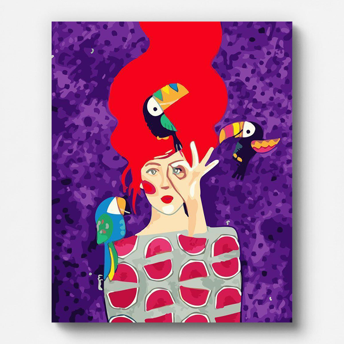 Femme rousse et toucans – peinture par numéros sur toile tendue