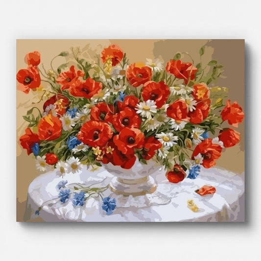 Red Poppies and Daisies on a Table Paint by Numbers shown on a stretched canvas