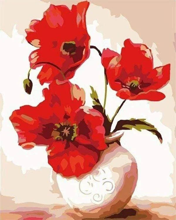 Roter Mohn in einer Vase – Malen nach Zahlen für Erwachsene