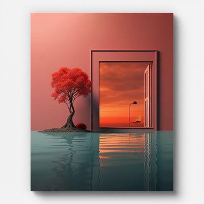 Red Tree Sunset Paint by Numbers shown on a stretched canvas