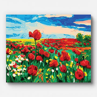 Red Tulip Field Paint by Numbers shown on a stretched canvas
