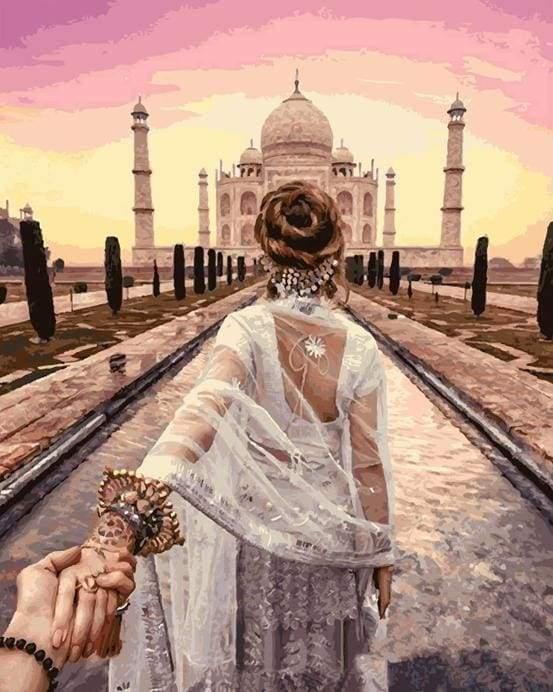 Romantischer Spaziergang am Taj Mahal – Malen nach Zahlen für Erwachsene