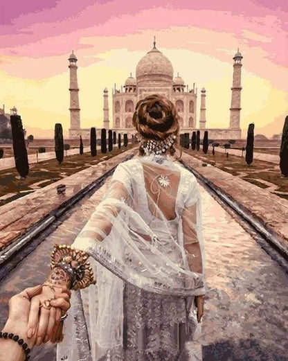 Romantischer Spaziergang am Taj Mahal – Malen nach Zahlen für Erwachsene