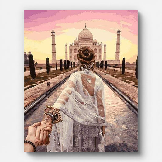 Romantischer Spaziergang am Taj Mahal – Malen nach Zahlen auf gespannter Leinwand