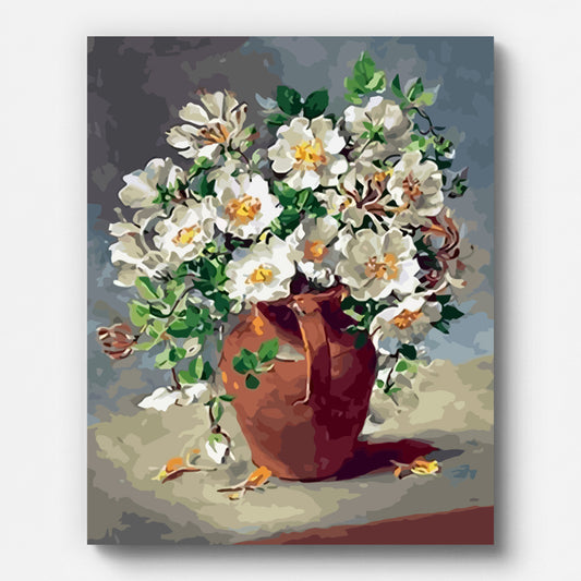 Rustic White Flower Bouquet Paint by Numbers shown on a stretched canvas