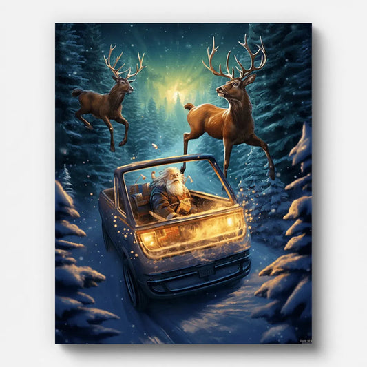 Santa Claus Christmas Car Paint by Numbers shown on a stretched canvas