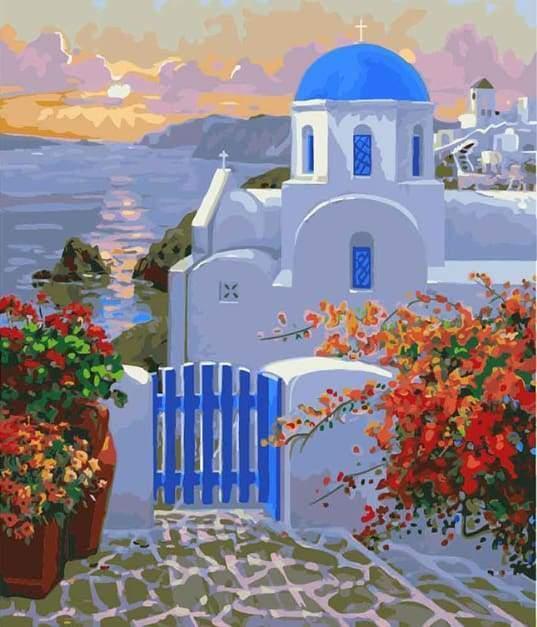 Küstensonnenuntergang auf Santorini – Malen nach Zahlen für Erwachsene