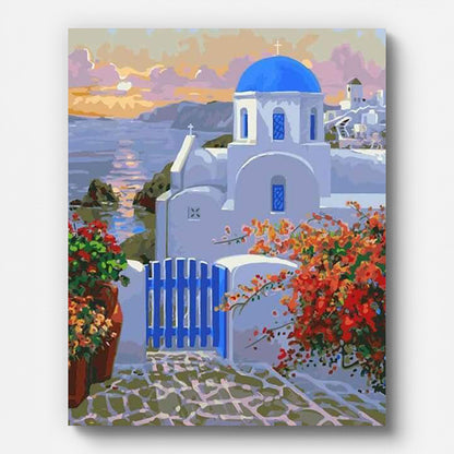 Küstensonnenuntergang auf Santorini – Malen nach Zahlen auf gespannter Leinwand