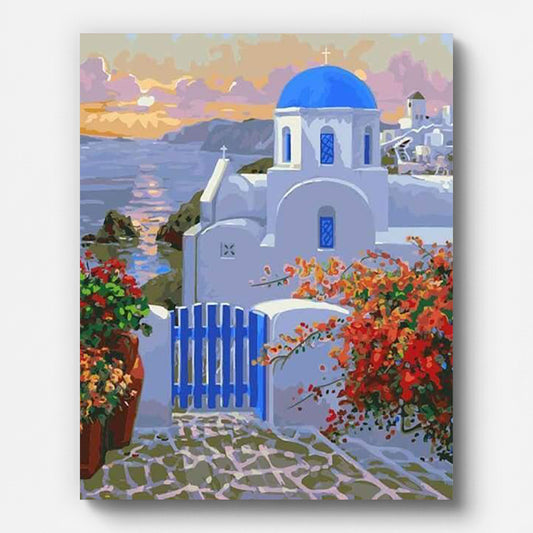 Santorini Coastal Sunset Paint by Numbers shown on a stretched canvas