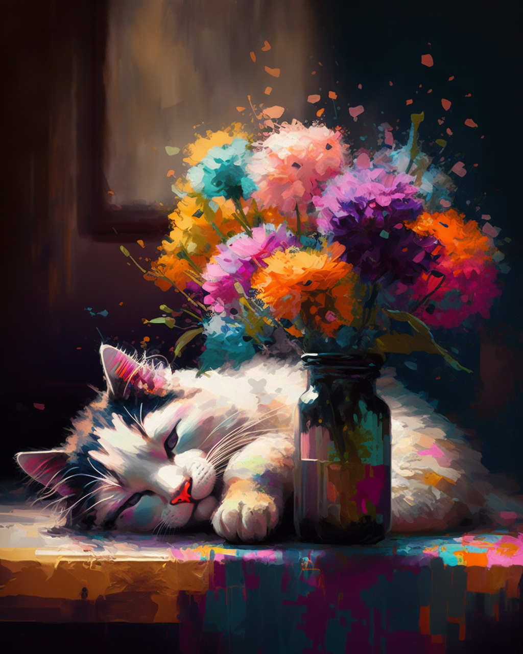 Sleeping Cat and Flowers Paint by Number Free Shipping - Paintarthub