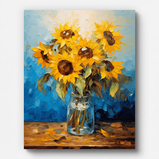 Sunflowers with Blue Background Paint by Numbers shown on a stretched canvas