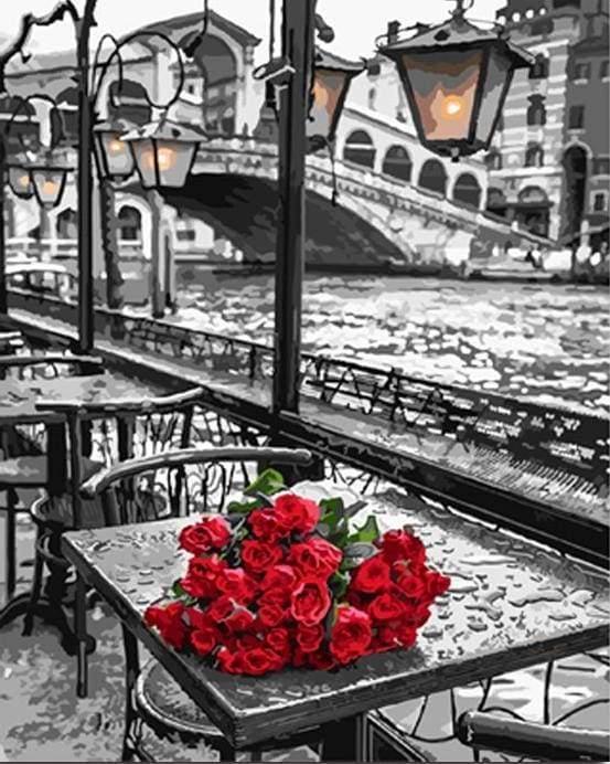 Terrasse mit roten Rosen – Malen nach Zahlen für Erwachsene