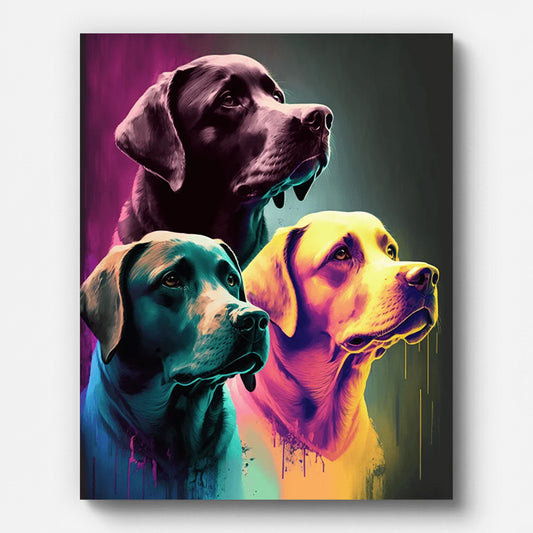 Three Labrador Dogs Paint by Numbers shown on a stretched canvas