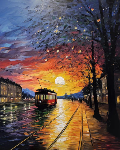 Straßenbahn bei Sonnenuntergang Malen nach Zahlen für Erwachsene
