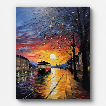 Straßenbahn bei Sonnenuntergang Malen nach Zahlen auf gespannter Leinwand