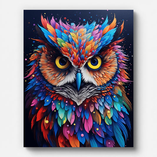 Vibrant Colorful Owl Paint by Numbers shown on a stretched canvas