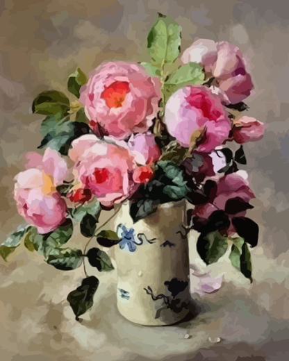 Vintage-Stillleben mit rosa Blumen – Malen nach Zahlen für Erwachsene