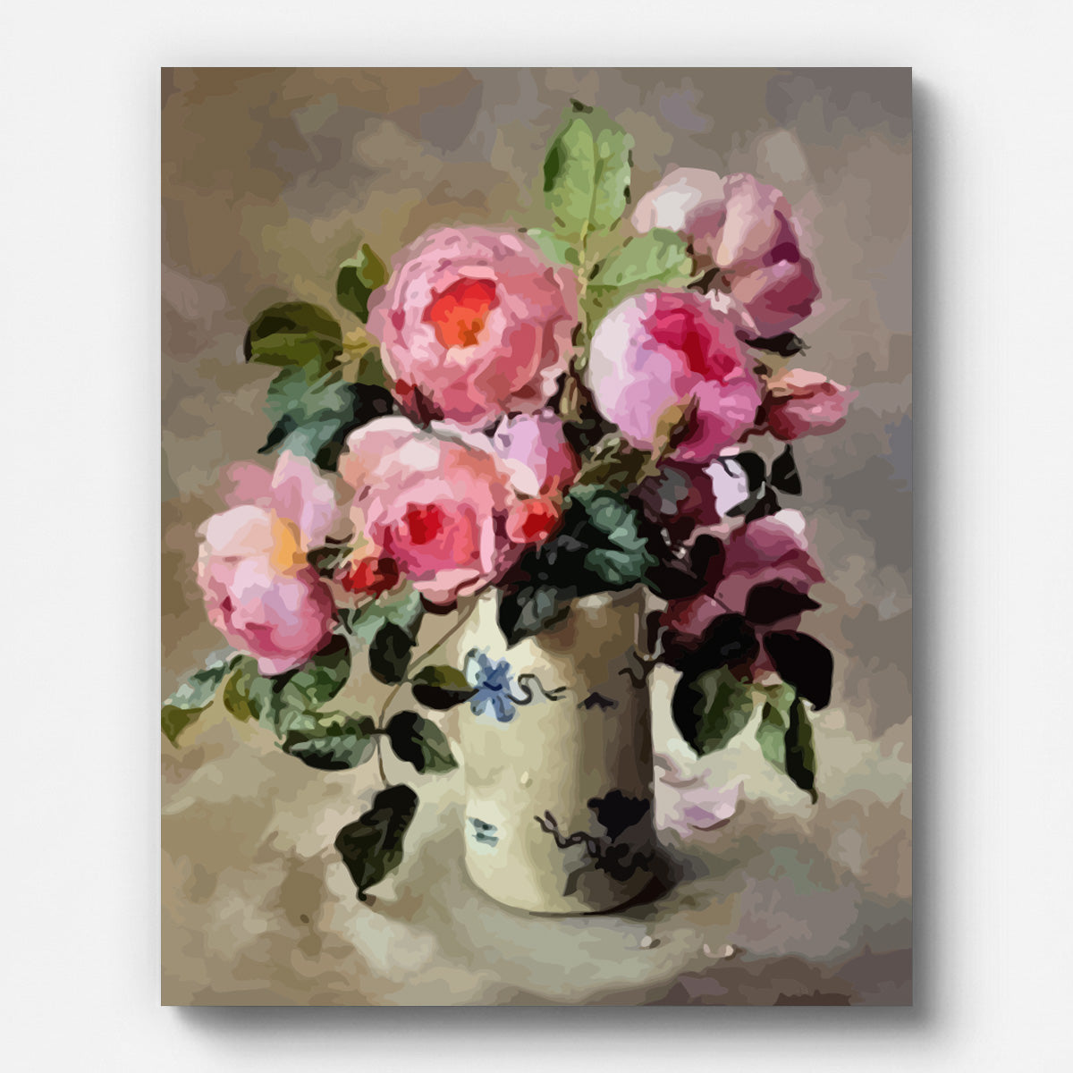 Vintage-Stillleben mit rosa Blumen – Malen nach Zahlen auf gespannter Leinwand