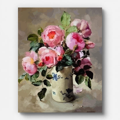 Vintage-Stillleben mit rosa Blumen – Malen nach Zahlen auf gespannter Leinwand