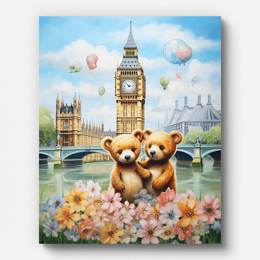 Winnie the Pooh by the River Paint by Numbers shown on a stretched canvas