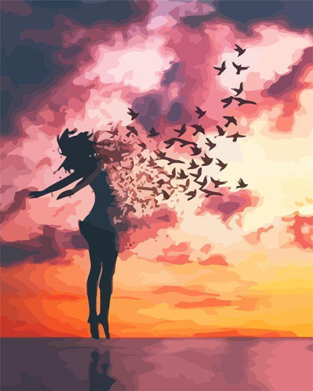 Femme et oiseaux au lever du soleil – peinture par numéros pour adultes