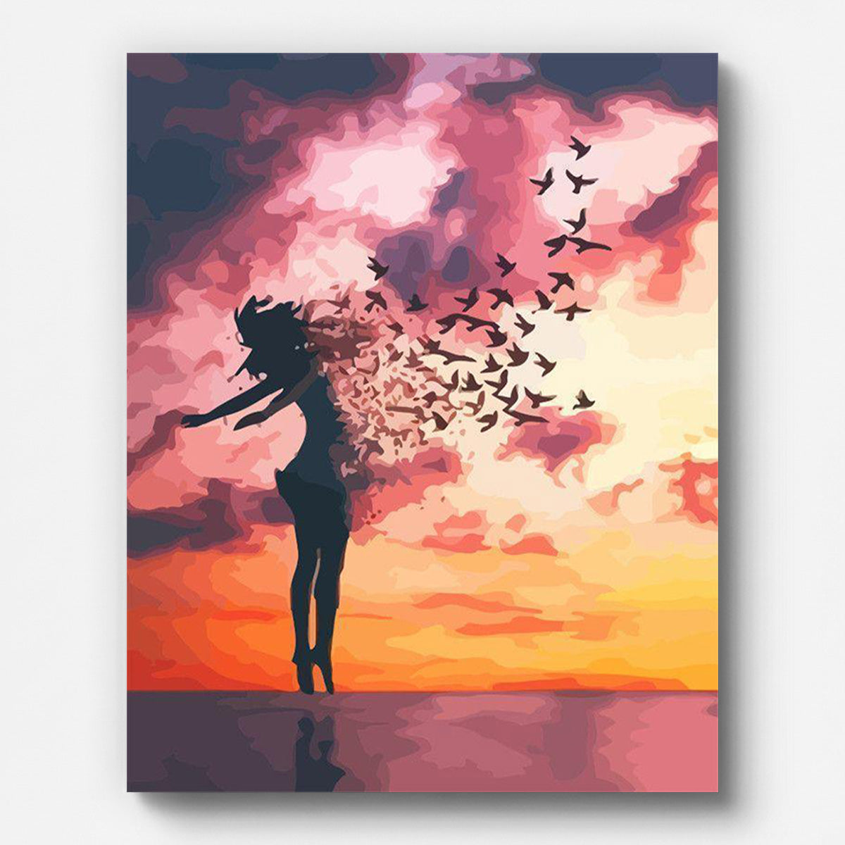 Femme et oiseaux au lever du soleil – peinture par numéros sur toile tendue