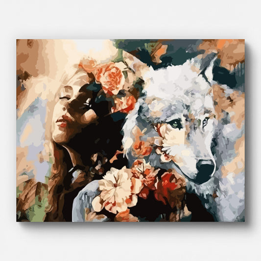 Woman and Wolf with Flowers Paint by Numbers shown on a stretched canvas