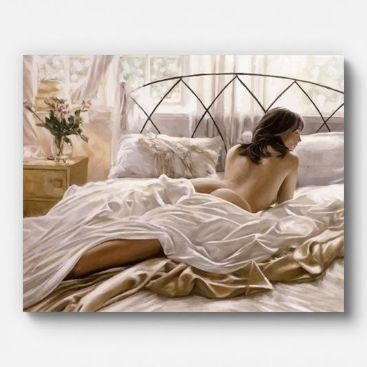 Woman in Bed in the Early Morning Paint by Numbers shown on a stretched canvas
