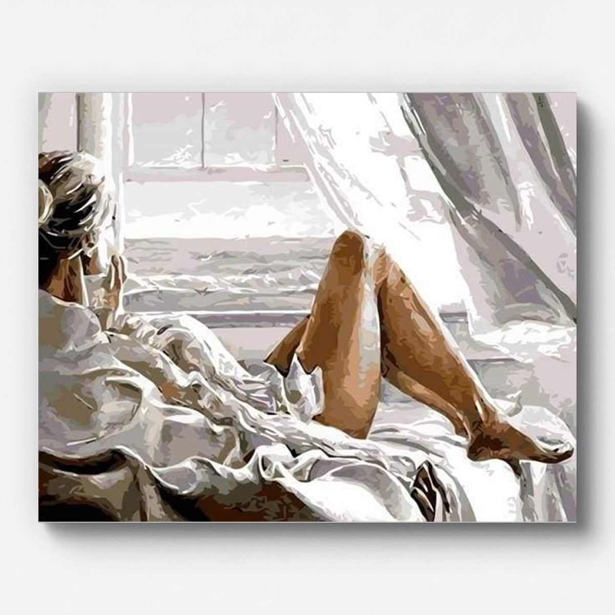 Woman Resting by the Window Paint by Numbers shown on a stretched canvas