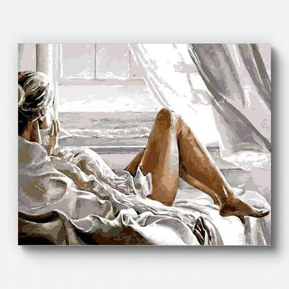 Woman Resting by the Window Paint by Numbers shown on a stretched canvas